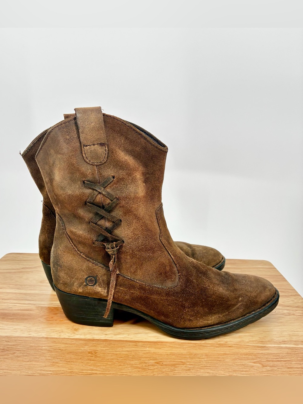 Born Karin Brown Suede Corset Lace Up Cowboy Western Boots 9.5